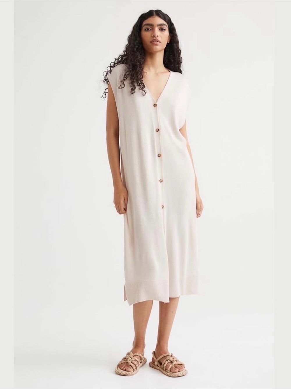 H&M Fine Knit Sleeveless Long MIdi Maxi Duster Dress Cardigan Vest Beige
